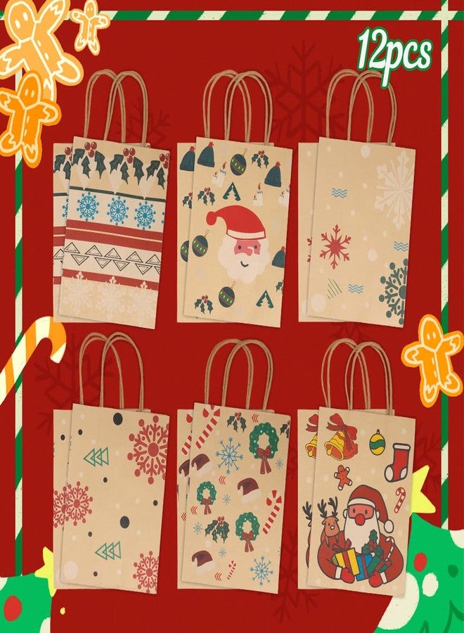 QIHOMPIB 12 Pack Christmas Kraft Paper Bags(6x9 Inch) with Handle for Gift Goodie Treat Candy Snack Wrap Snowflake Santa Xmas Pouches Baggies Christmas Holiday New Year Party Favors Supplies Decorations - Image 3